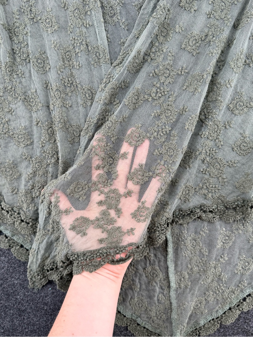 Boho Forest Fairy Blue Rain Olive Green Lace Open Front Cardigan - Picture 4 of 6